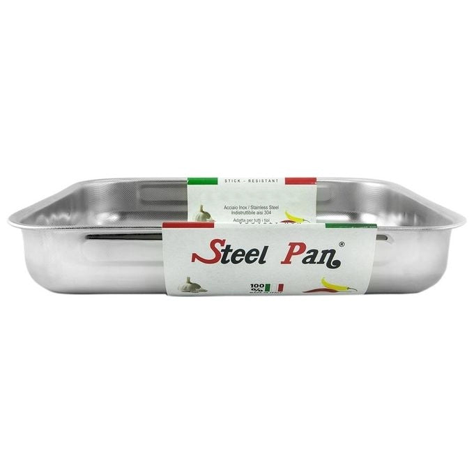 Steel Pan 101801 Teglia da Forno Rettangolare Acciaio Inox 18-10 Antiaderente Antigraffio 25x19x5 cm colore Acciaio Inox