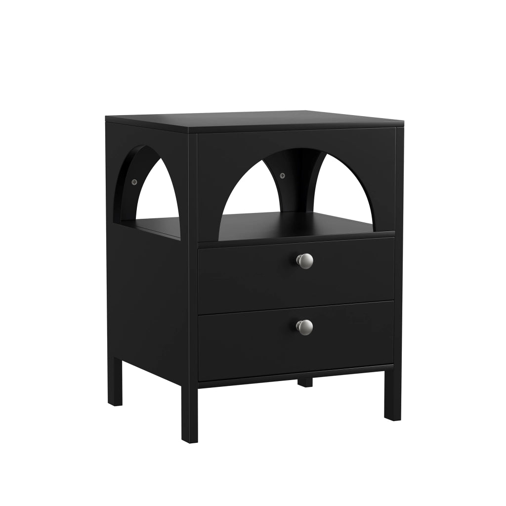 Comodino moderno nero con 2 cassetti e 1 vano a giorno, struttura in MDF, 45 x 40 x 58 cm