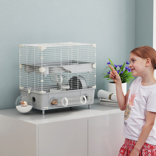 Gabbia per Criceti a 2 Livelli 44,5x28x44 cm 3 Porte Ruota e Tubi in Acciaio Grigio e Bianco