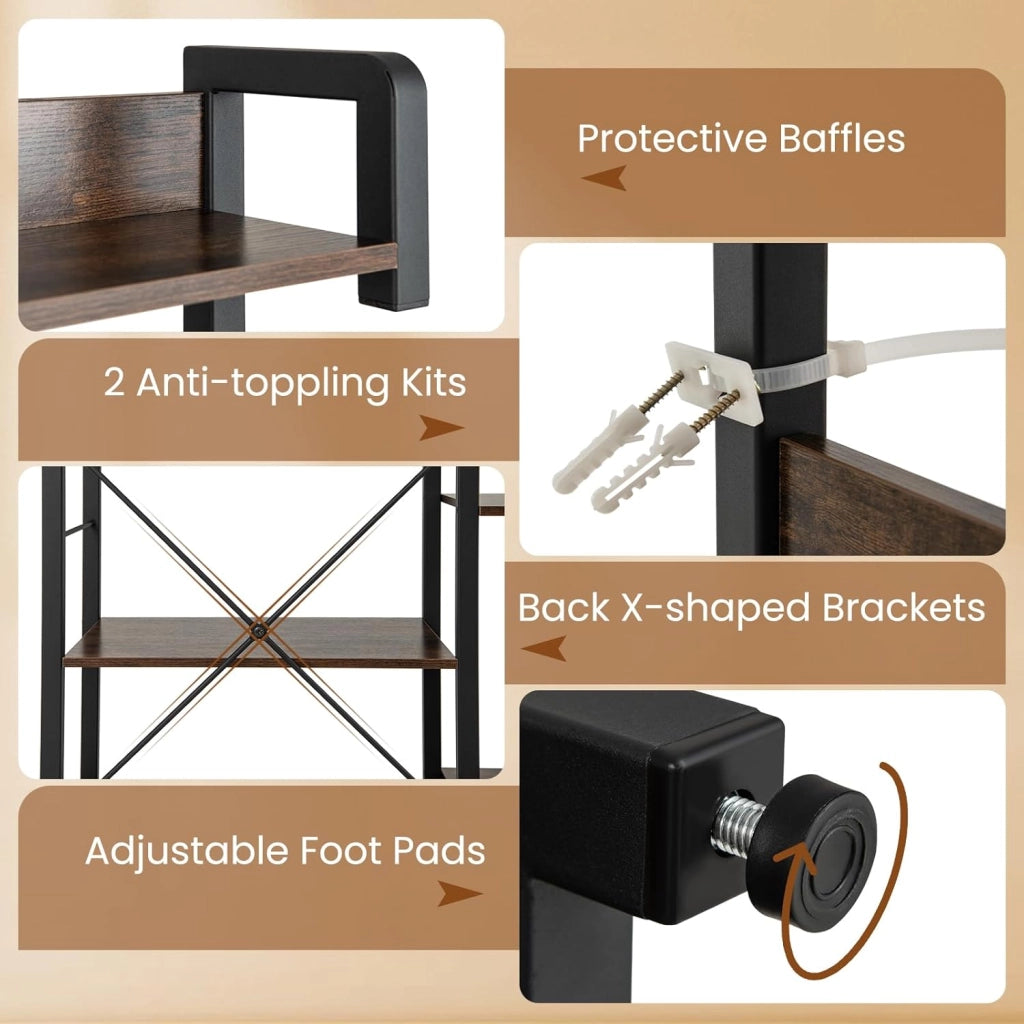 Scaffale da Cucina con Stazione di Ricarica, Luci, Supporto per Microonde a 6 Livelli per Spezie, Utensili, Piante, Mobile di Stoccaggio Industriale per Cucina, Marrone Rustico