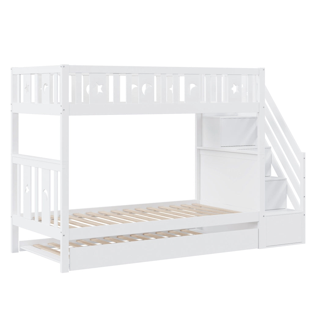 Letto a castello per bambini con letto estraibile e gradini contenitivi bianco