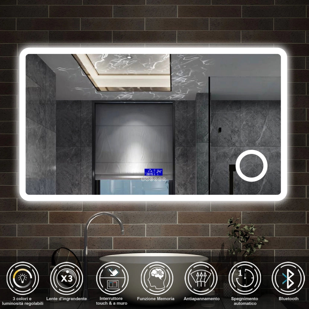 specchio rettangolare 120x70 cm con luce dimmerabile a 3 colori, bluetooth, antiappannamento e ingranditore 3x