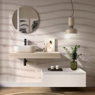 Composizione bagno con mensolone 100 cm rovere bali e cassettiera sospesa 80 cm in bianco opaco - Sumo