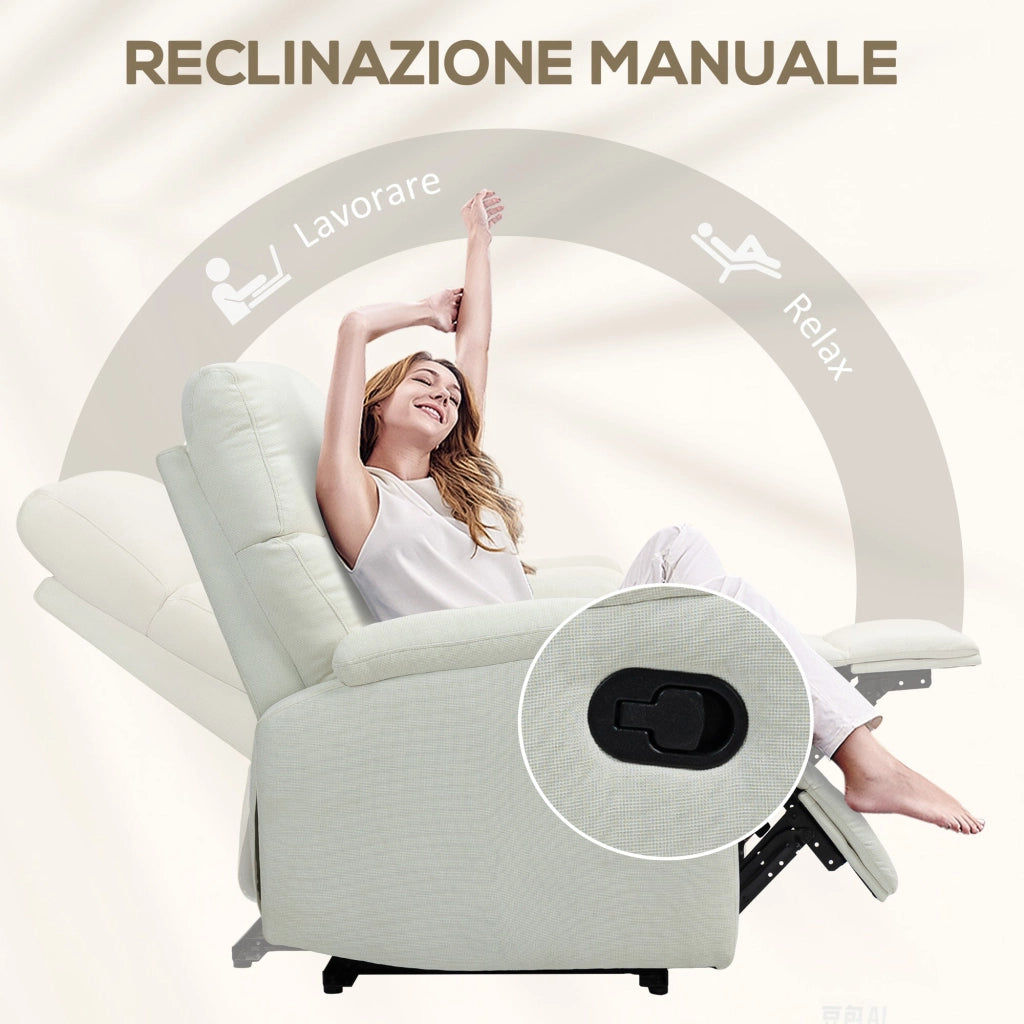 Poltrona Reclinabile Manualmente a 60° 69x91,5x103 cm con Poggiapiedi Extra Imbottita in Tessuto Crema