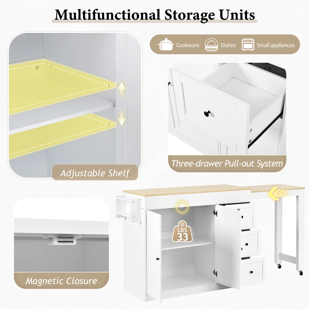 Isola da Cucina con 3 Cassetti; Portaspezie e Piano Estensibile con Ruote; in MDF; Bianco; 112-186.8 x 45 x 93 cm