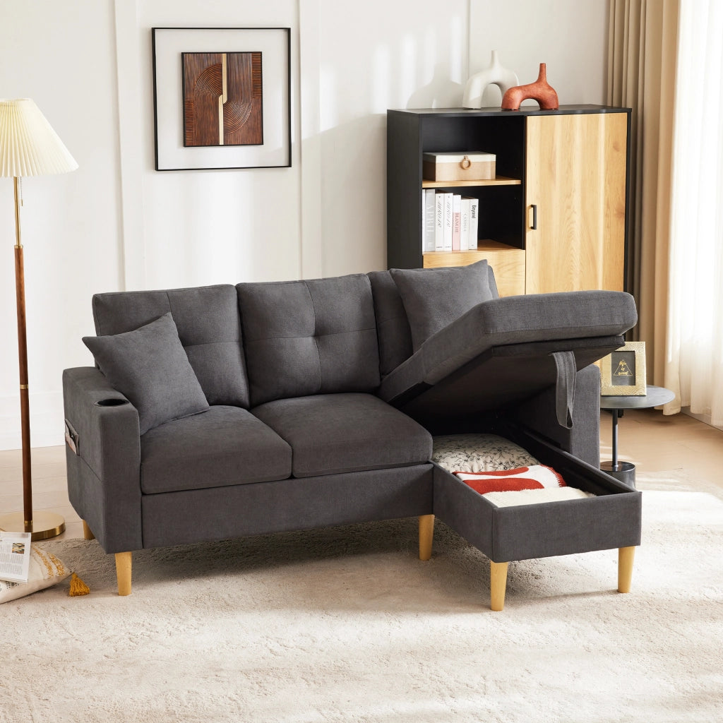 DIVANO angolare con chaise longue 175x129x90 cm grigio scuro in cotone e lino, con contenitore
