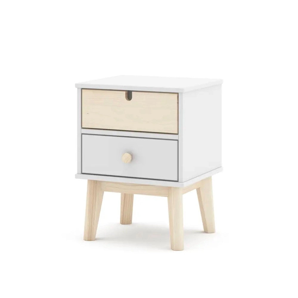 Comodino Estefania in legno con 2 cassetti bianco e pino – stile nordico essenziale