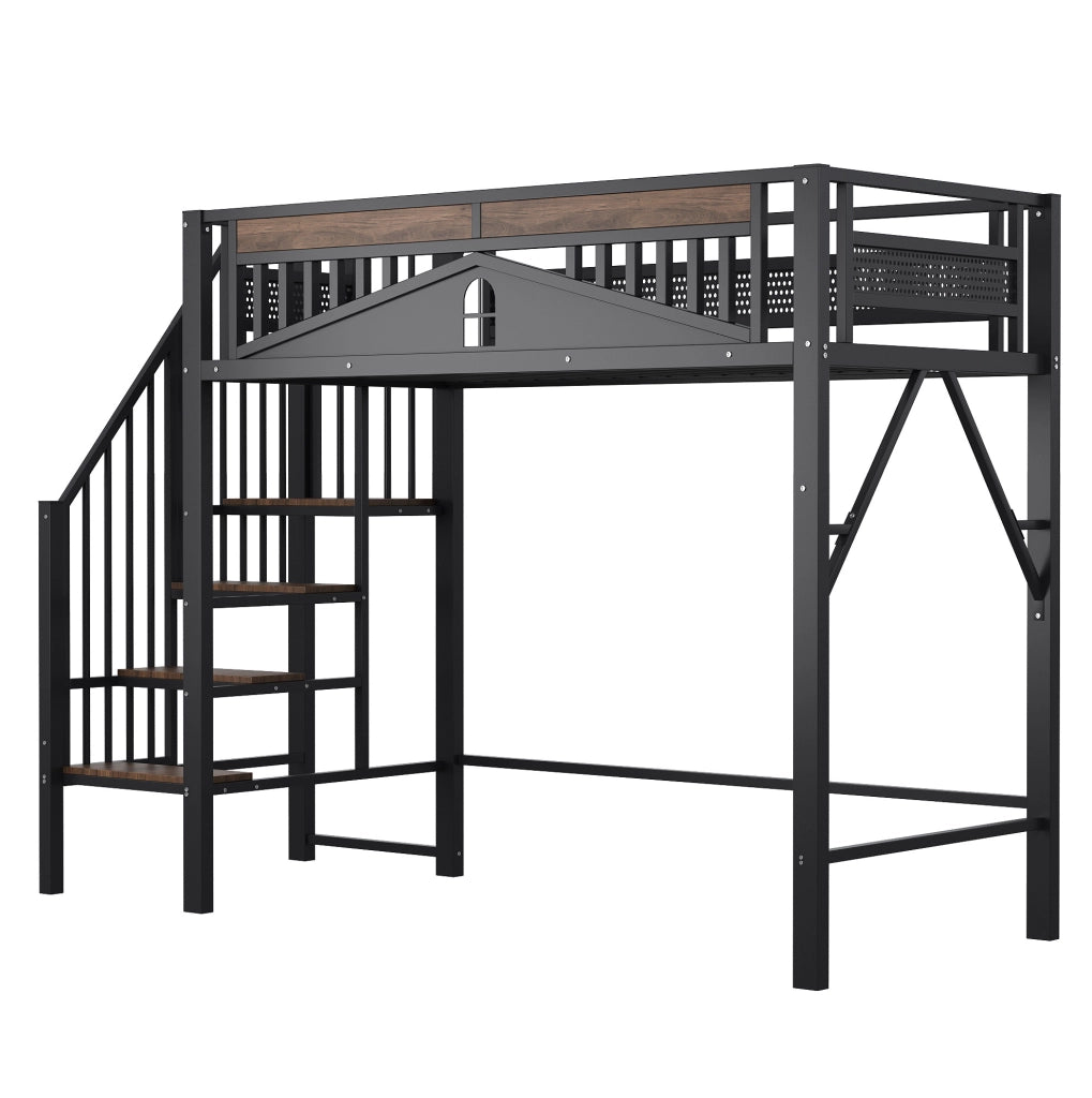 Letto a soppalco 90x200 cm con scala di sicurezza e vani portaoggetti in metallo nero