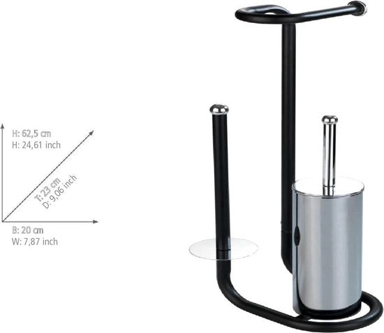 Arredo per wc in piedi con contenitore per carta igienica e contenitore per spazzola per il water - nero, acciaio verniciato - 20 x 625 x 23 cm
