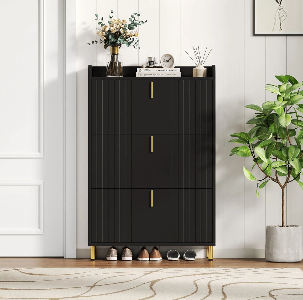 Armadio portascarpe a 3 ante ribaltabili 80x23x123;5 cm in MDF nero con dettagli dorati