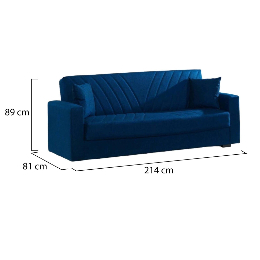 Divano letto Adda, Divano letto contenitore a 3 posti lineare con 2 cuscini inclusi, SofÒ  da soggiorno in tessuto imbottito con apertura click-clack, 214x81xh89 cm, Blu