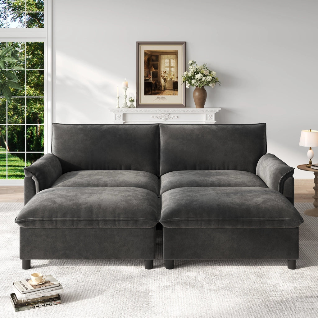 Divano modulare in chenille nero con pouf contenitore mobile, funzione letto temporanea, 216x77x82 cm