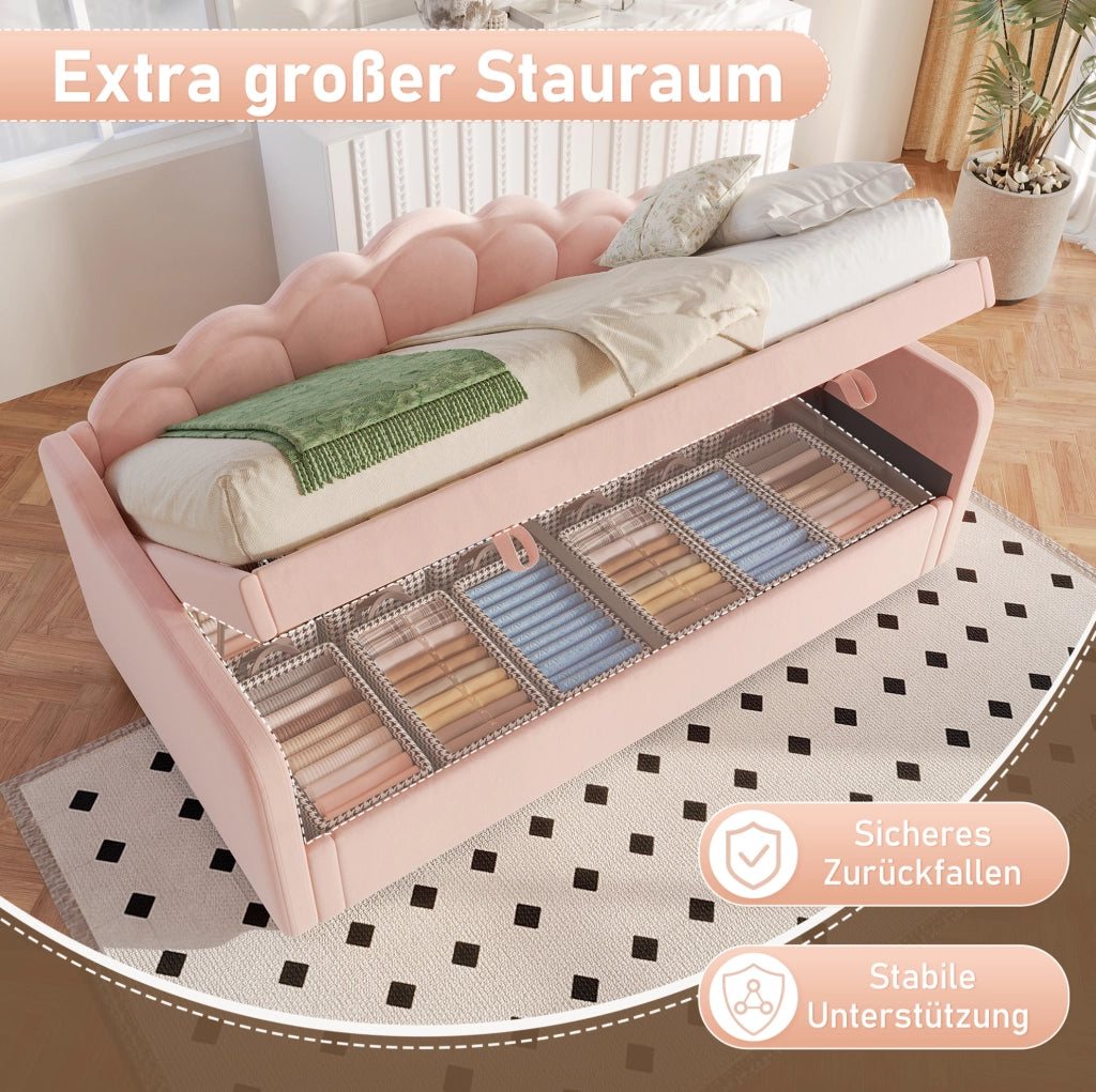Letto singolo imbottito in velluto rosa con contenitore e LED