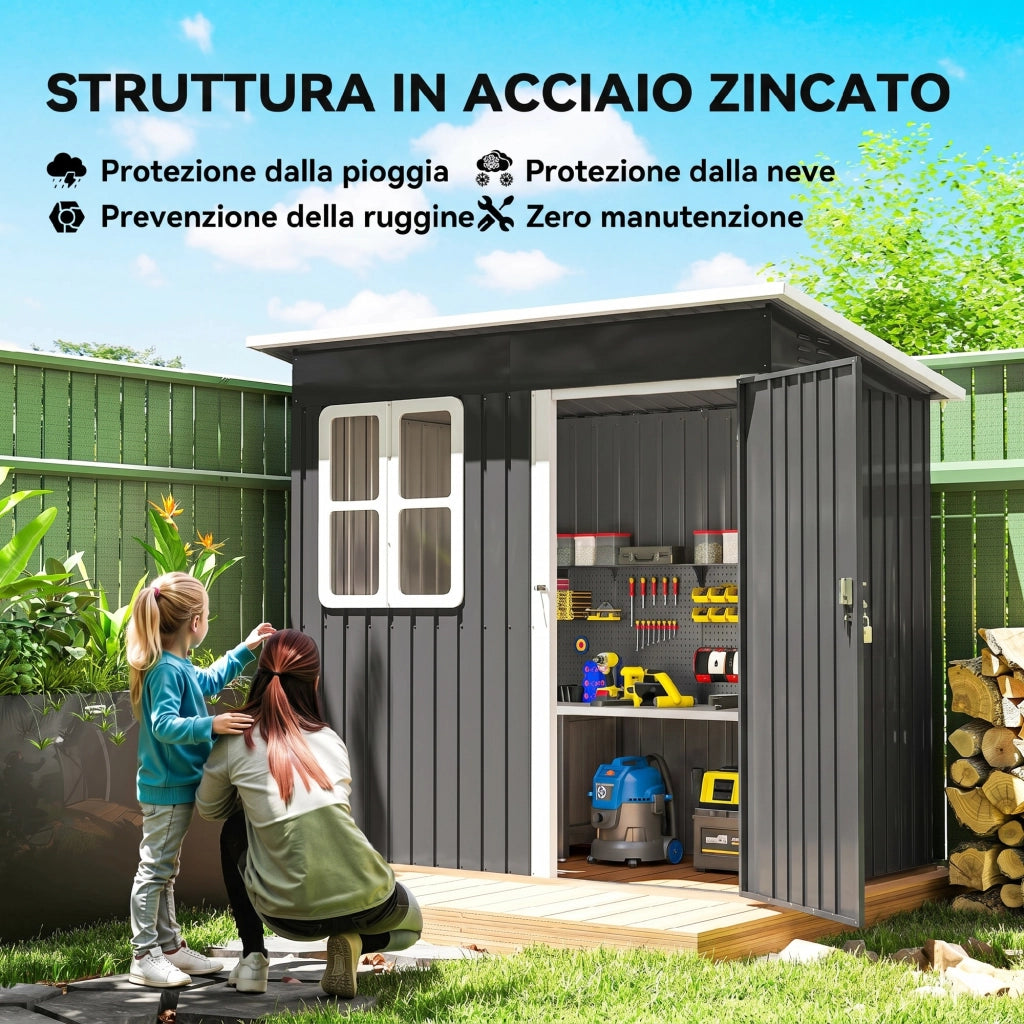 Casetta Box da Giardino 211x133x173/190 cm con Kit di Fondazione Porta Blocco Tetto Inclinato in Acciaio Zincato Grigio