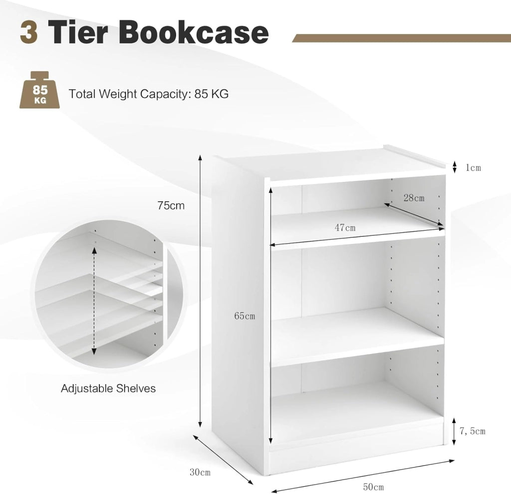 Libreria Scaffale a 3 Livelli Aperti, Libreria Verticale Moderna con Ripiani Regolabili, Dispositivo Antiribaltamento, Mobile per Camera da Letto, Soggiorno, 50 x 30 x 75 cm (Bianco)