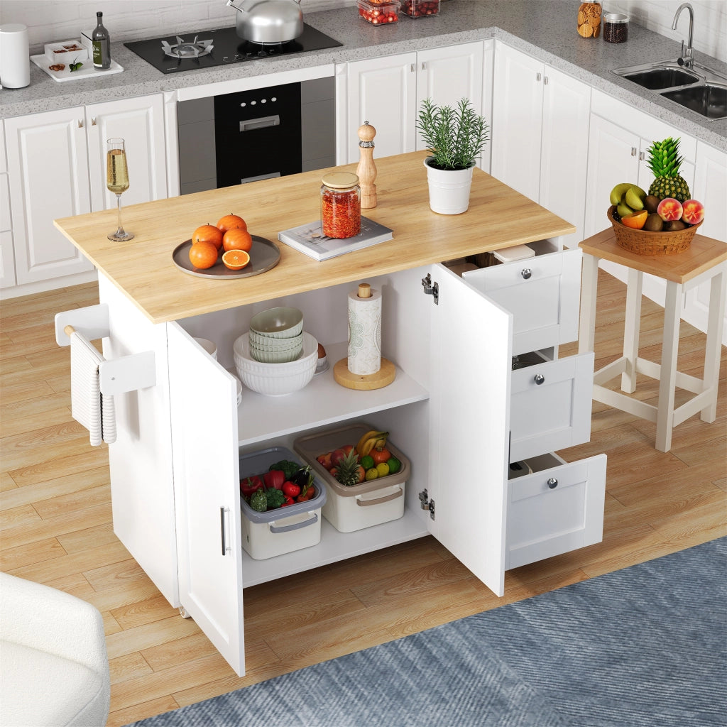 Carrello da cucina con 2 ante; 3 cassetti; piano ribaltabile; portaasciugamani e 5 ruote; in MDF; 135x70x90 cm