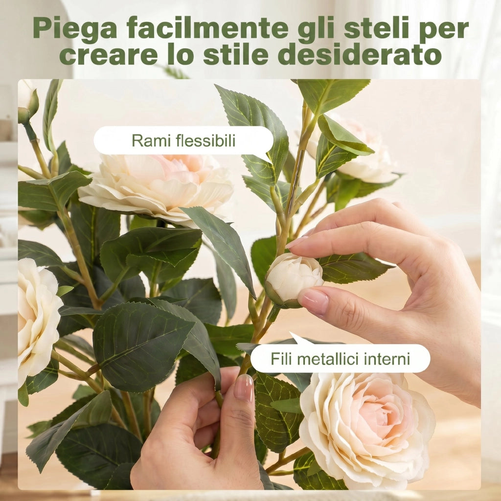 Pianta Artificiale Camelia con Fiori ¨C Xylo ¨C 176 Foglie PEVA Vaso Nero PP Bianco