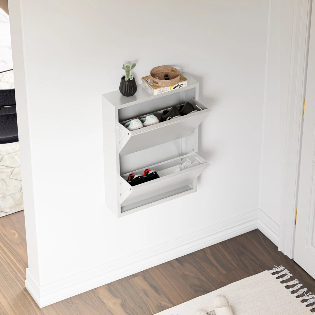 Scarpiera Sokndal con 2 Contenitori Ribaltabili Portascarpe in Metallo - Bianco [en.casa]