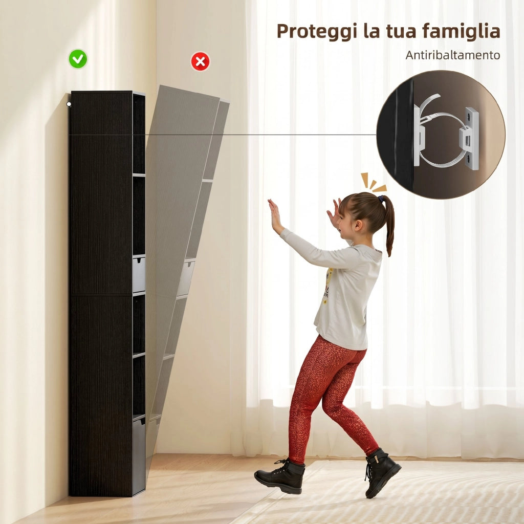 Libreria 30x24x158 cm a 4 Ripiani Aperti con Armadietto e Cassetto Nero