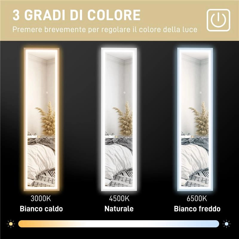 SPECCHIO ILLUMINATO CON LUCI LED REGOLABILI E PULSANTE TOUCH, IN VETRO E MDF, 40X5X160 CM, BIANCO