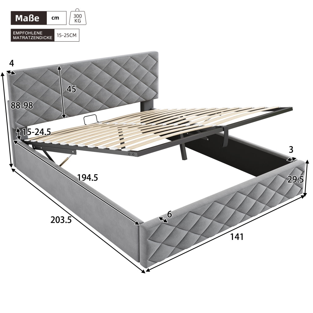 Letti contenitori 140x200 cm; sollevamento idraulico e rete a doghe; velluto grigio (Senza materasso)