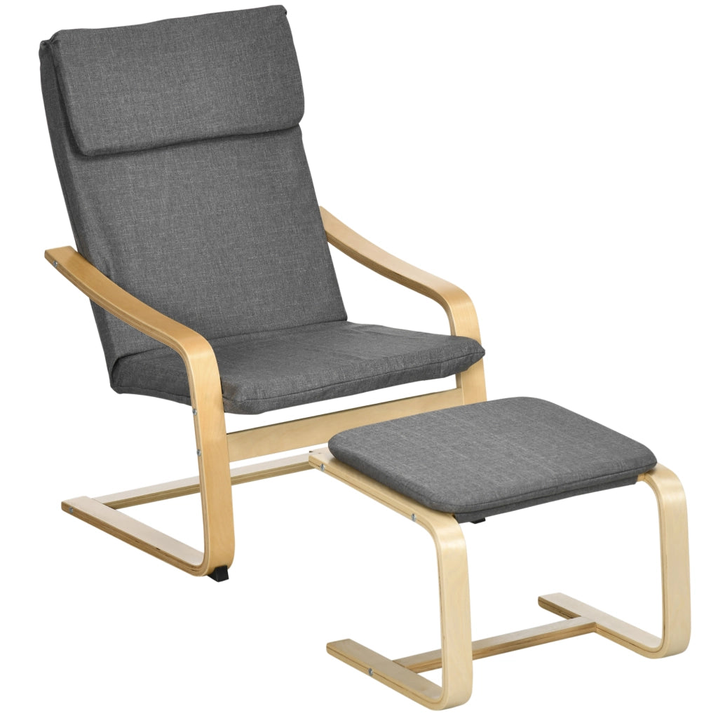 Poltrona relax con poggiapiedi, rivestimento effetto lino grigio, struttura in legno, per soggiorno e camera da letto