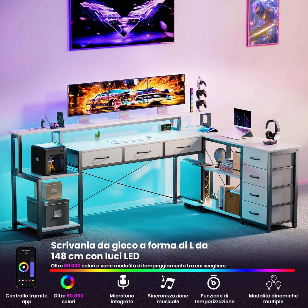 Scrivania per computer a L, scrivania da gaming, con cassetti, prese di corrente integrate, luci d'atmosfera, nera