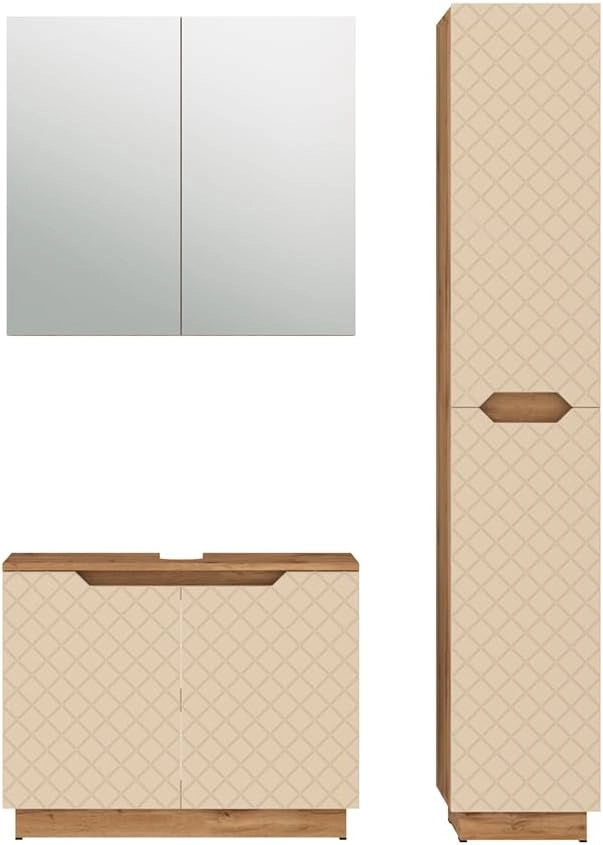 Set di mobili da bagno Lotta, Rovere/cashmere con struttura in piastrelle, 3 parti
