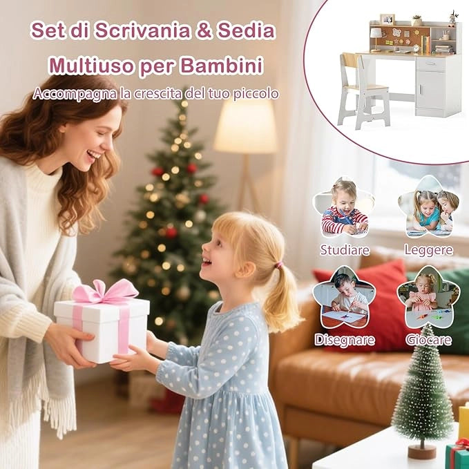 Set Scrivania e Sedia per Bambini 3+ Anni, Tavolo da Scrittura in Legno con Mensole, Cassetto e Bacheca in Sughero, Tavolo e Sedia per Disegno e Studio (Naturale)