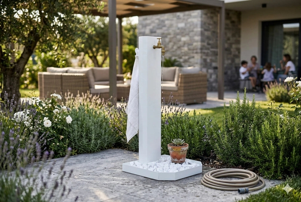 Fontana da Giardino con Rubinetto in Ottone e Base con Ciottoli 40x40x100 cm in Acciaio Bianco