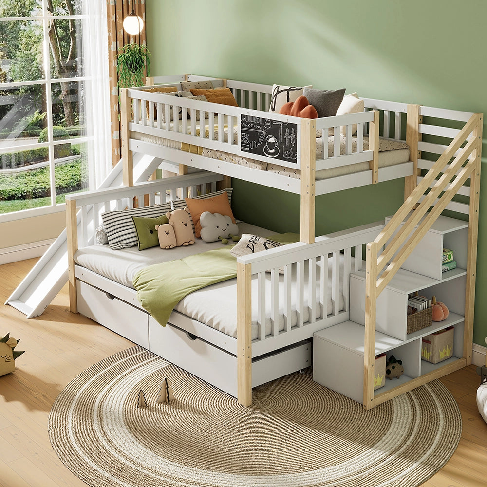 Letto a castello per bambini - Xylo - 140x200 cm e 90x200 cm - Bianco - Multifunzionale con lavagna