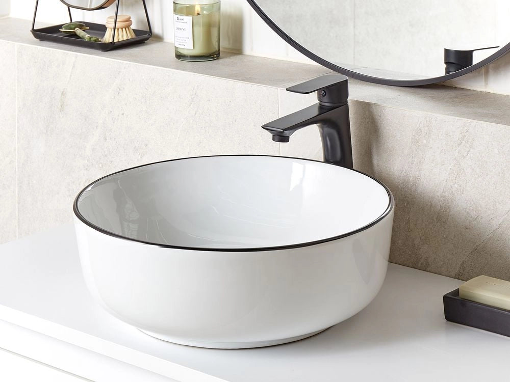 Lavabo Bianco con bordo nero Ceramica lucida ⌀ 42 cm Lavabo da bagno ovale