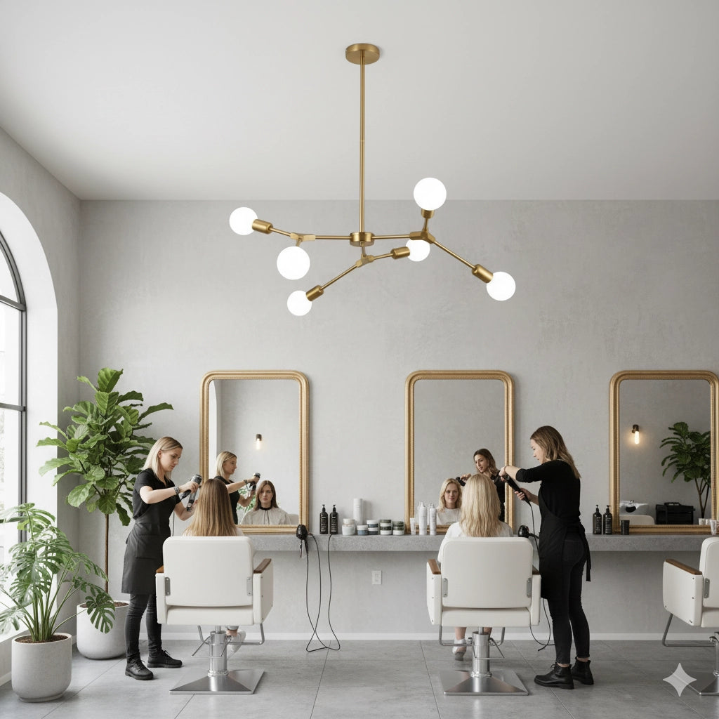 Lampadario a Sospensione Design Molecolare Moderno 6 Luci – Attacco E27 – Struttura in Metallo Oro Spazzolato – Stile Mid-Century