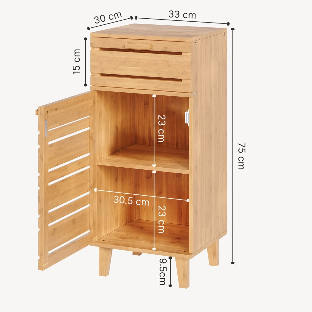 Mobiletto da Bagno Epind con Cassetto e 2 Scomparti Chiusi 75 x 33 x 30 cm - Bambù Naturale [en.casa]