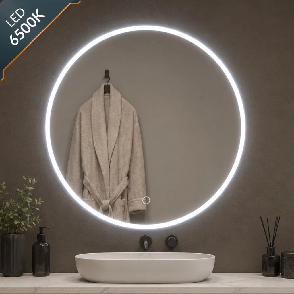 Specchio tondo led dimmerabile con interruttore touch per arredo bagno elegante da parete *** misura Ø80, tonalità ...