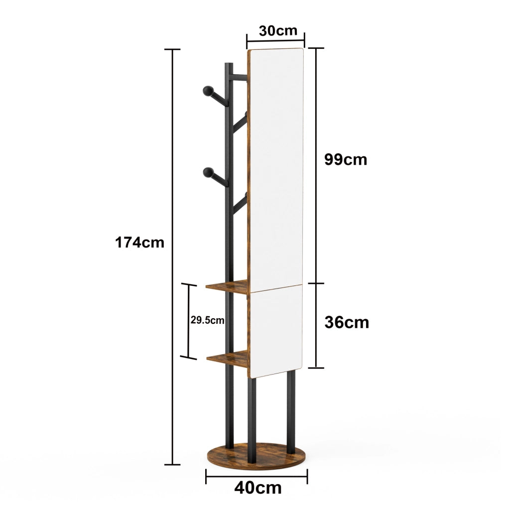 Specchio a figura intera 109.5x45.0x11.5 cm girevole a 360° con appendiabiti in truciolare e acciaio nero e marrone