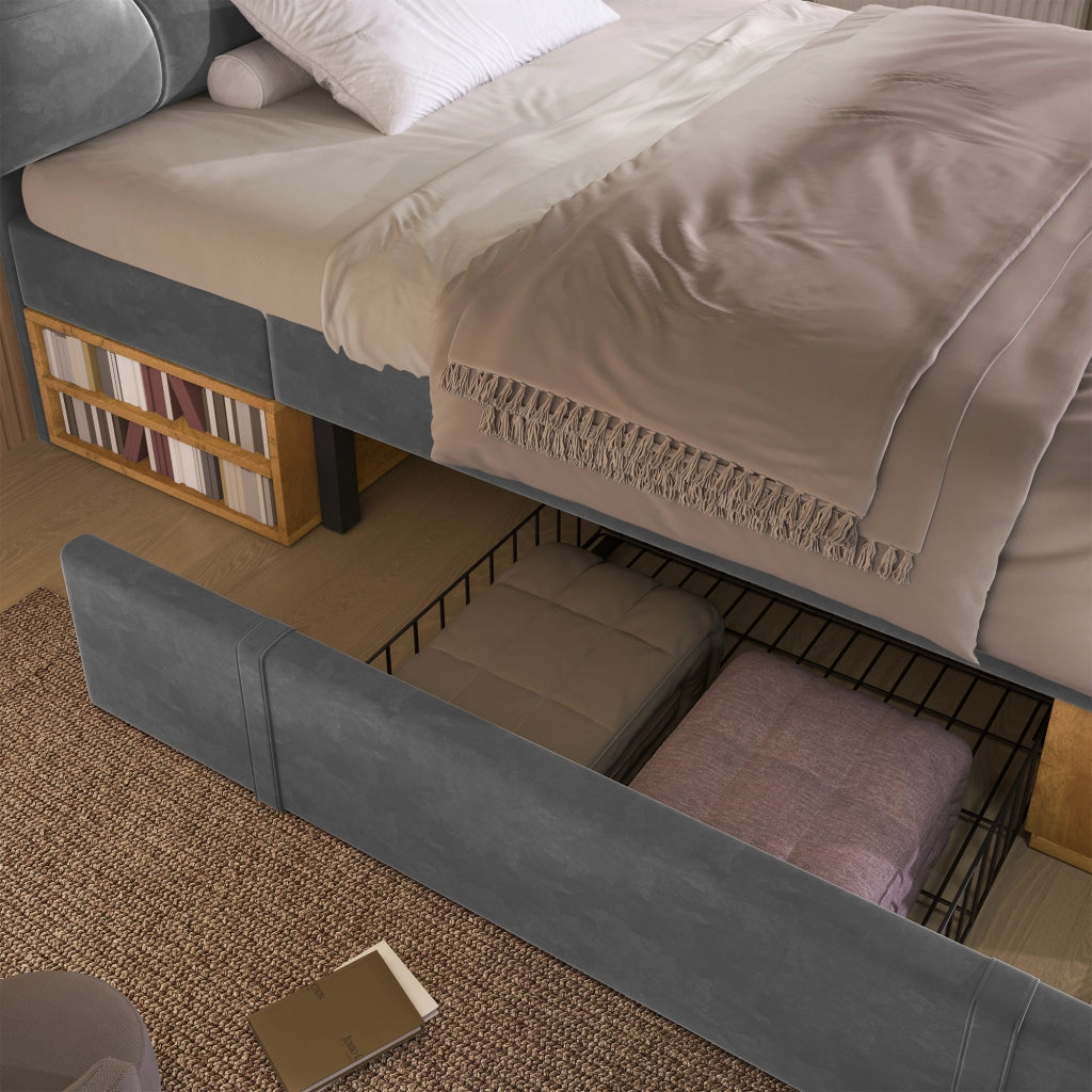 Letto con Cassetti 90 x 200 cm; Testiera Regolabile e Vani Aperti in Velluto - Grigio
