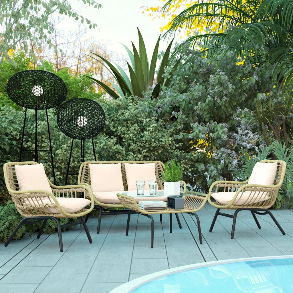 Set Salotto da Giardino Divano 2 Poltrone e Tavolino in Rattan e PE Beige