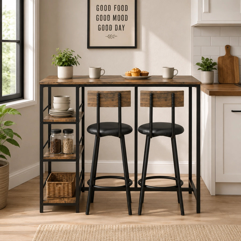 Set tavolo alto 90x50x90.5 cm con 2 sgabelli; salvaspazio; acciaio; rovere
