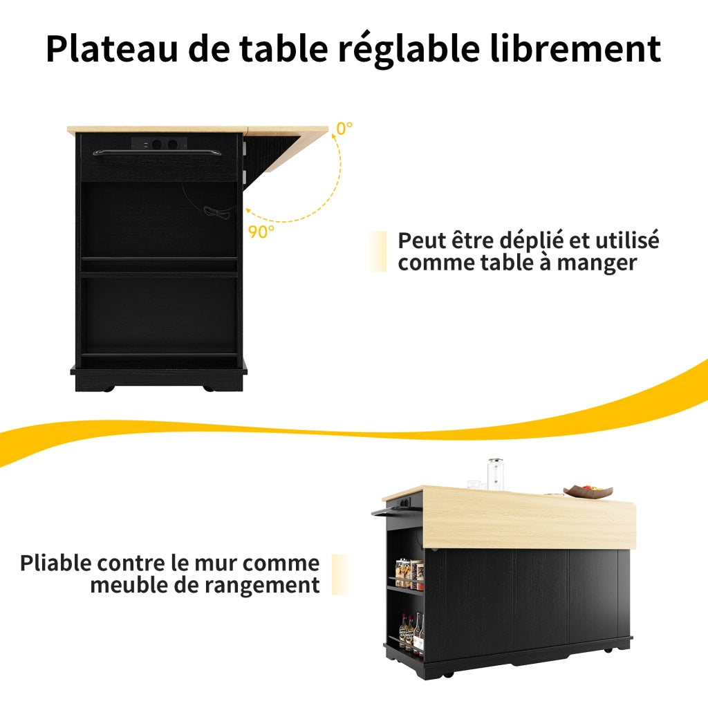 OKWISH Carrello da cucina con 2 Cassetti e 6 Vani, Piano Ribaltabile, Prese di Corrente e Portaasciugamani, per Cucina, MDF e Metallo, Nero e Naturale