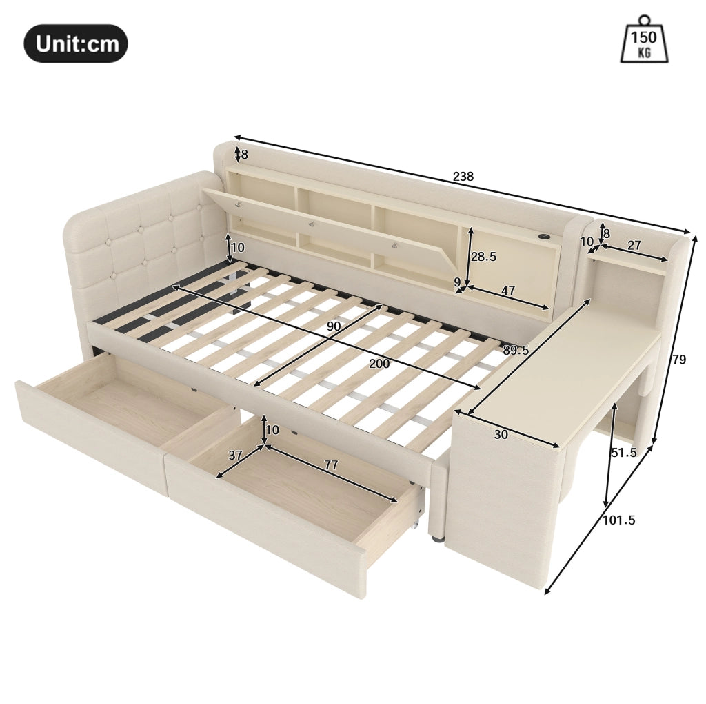 Letto 90x200 cm beige – con scrivania e contenitori, senza materasso