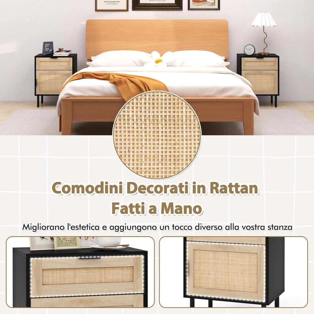 Set di 2 Comodini con Cassetto e Anta, Tavolini in Rattan Stile Bohémien Salvaspazio, Mobiletto Armadietto per Camera da Letto, Soggiorno e Ingresso, 45 x 30 x 59 cm (Nero)