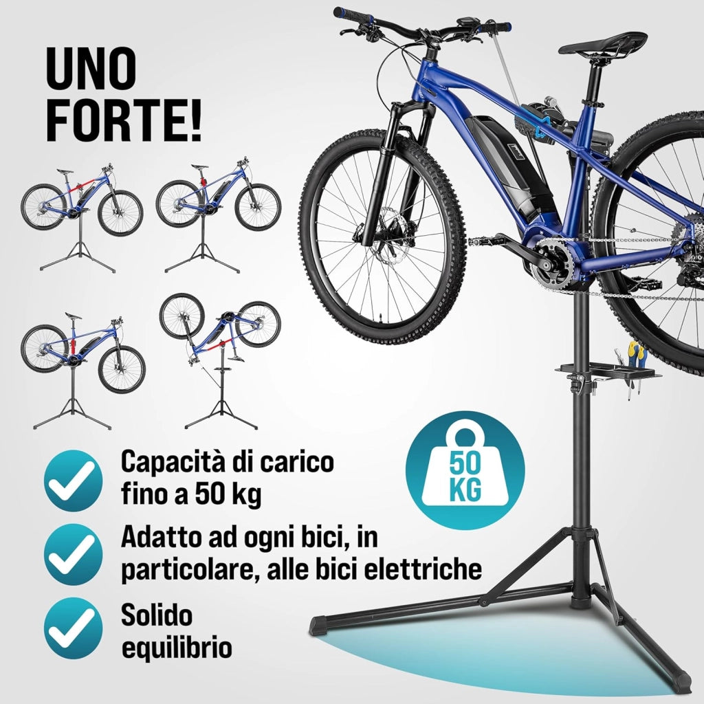 ® Cavalletto Riparazioni Biciclette fino a 50kg Borsa Trasporto Pieghevole Asta Regolabile Montaggio Bici Elettriche E-Bike Officina