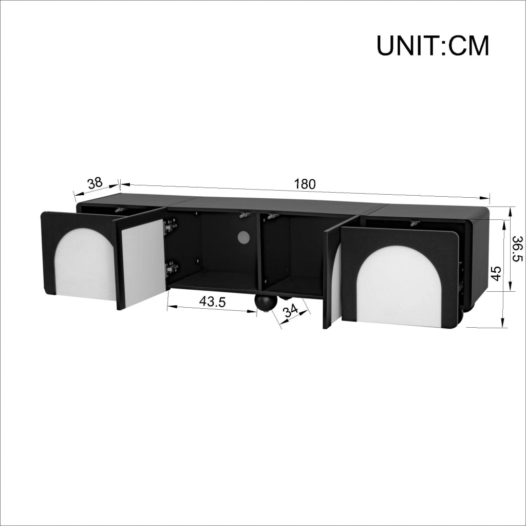 Mobile TV con 2 Cassetti e 2 Ante; Passacavi; Stile Moderno; 180??38??45 cm; in MDF; Nero e Bianco