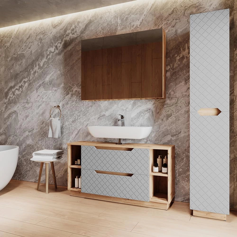 Set di mobili da bagno Lotta, Grigio, 119.2 cm, composto da mobile sottolavabo, specchiera e colonna alta