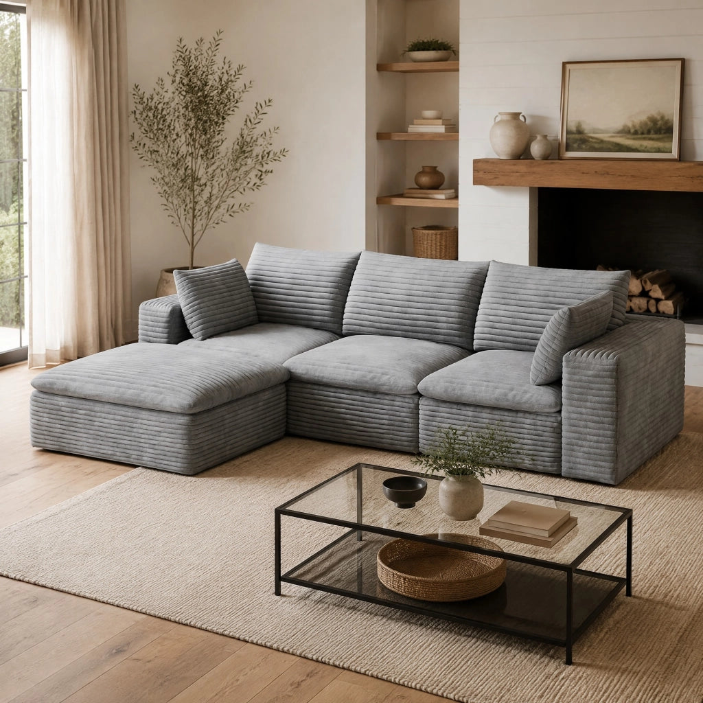 Divano modulare in tessuto grigio con imbottitura in schiuma e design componibile