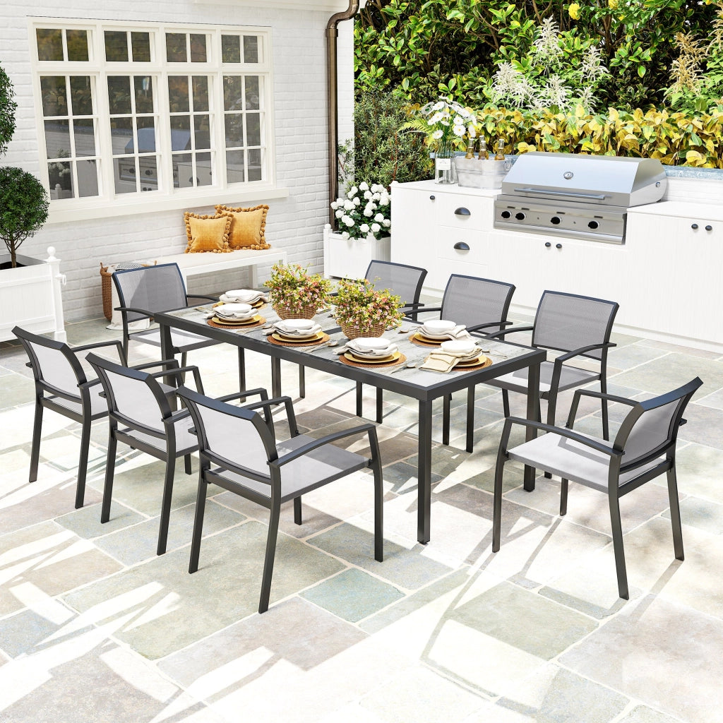 Set da Giardino con Tavolo da Pranzo Rettangolare e 8 Sedie Impilabili con Braccioli Grigio