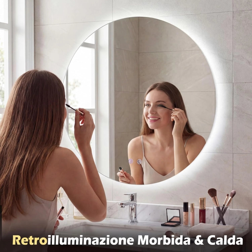 Specchio Rotondo LED da 70 cm, Specchio da Bagno da Parete con Luminosità Regolabile, Retroilluminato Morbido, Vetro Temperato con Funzione Memoria e Anti-Appannamento (70 cm x 3 cm)