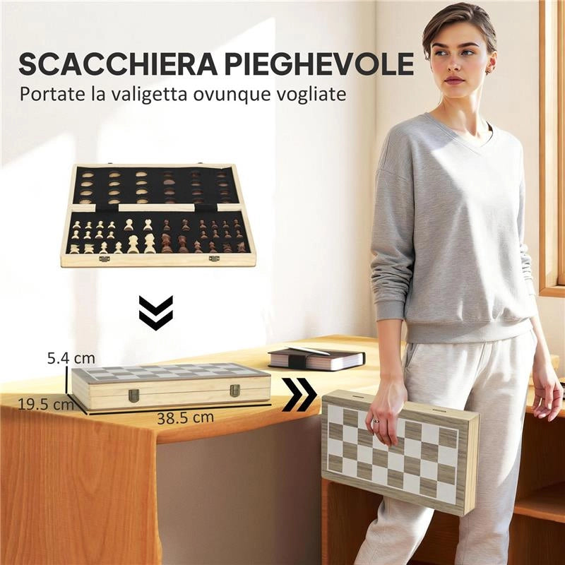 SCACCHIERA PIEGHEVOLE PER SCACCHI E DAMA CON SCOMPARTI, IN LEGNO E METALLO, 38.5X38.5X2.8 CM, BIANCO E NERO
