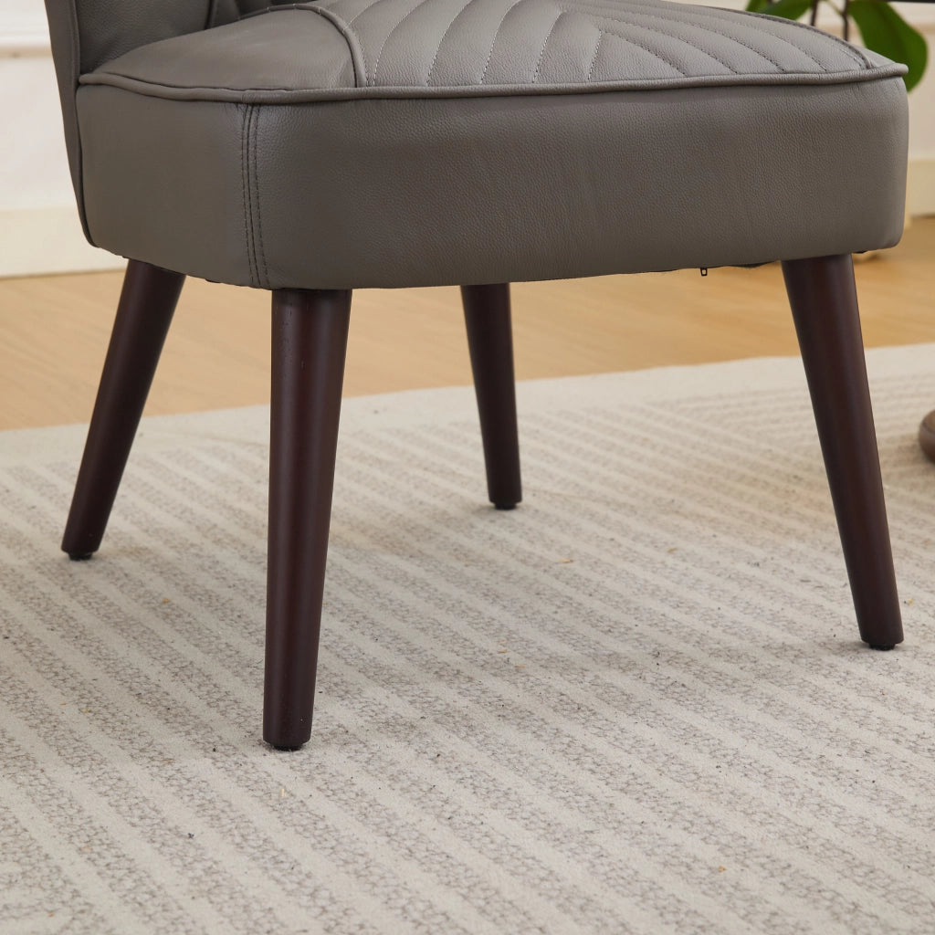 Poltrona senza braccioli in pelle con cuciture diagonali e base in legno - grigio